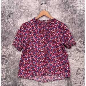 J Crew Top Small Womens Smocked Linen Puff Sleeve Berry Floral